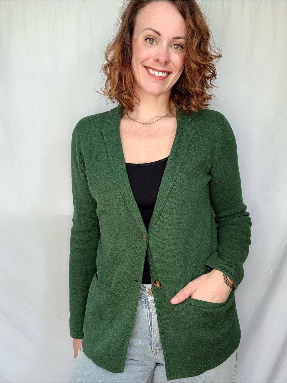 Lands' End Forest Green Knit Blazer Cardigan
